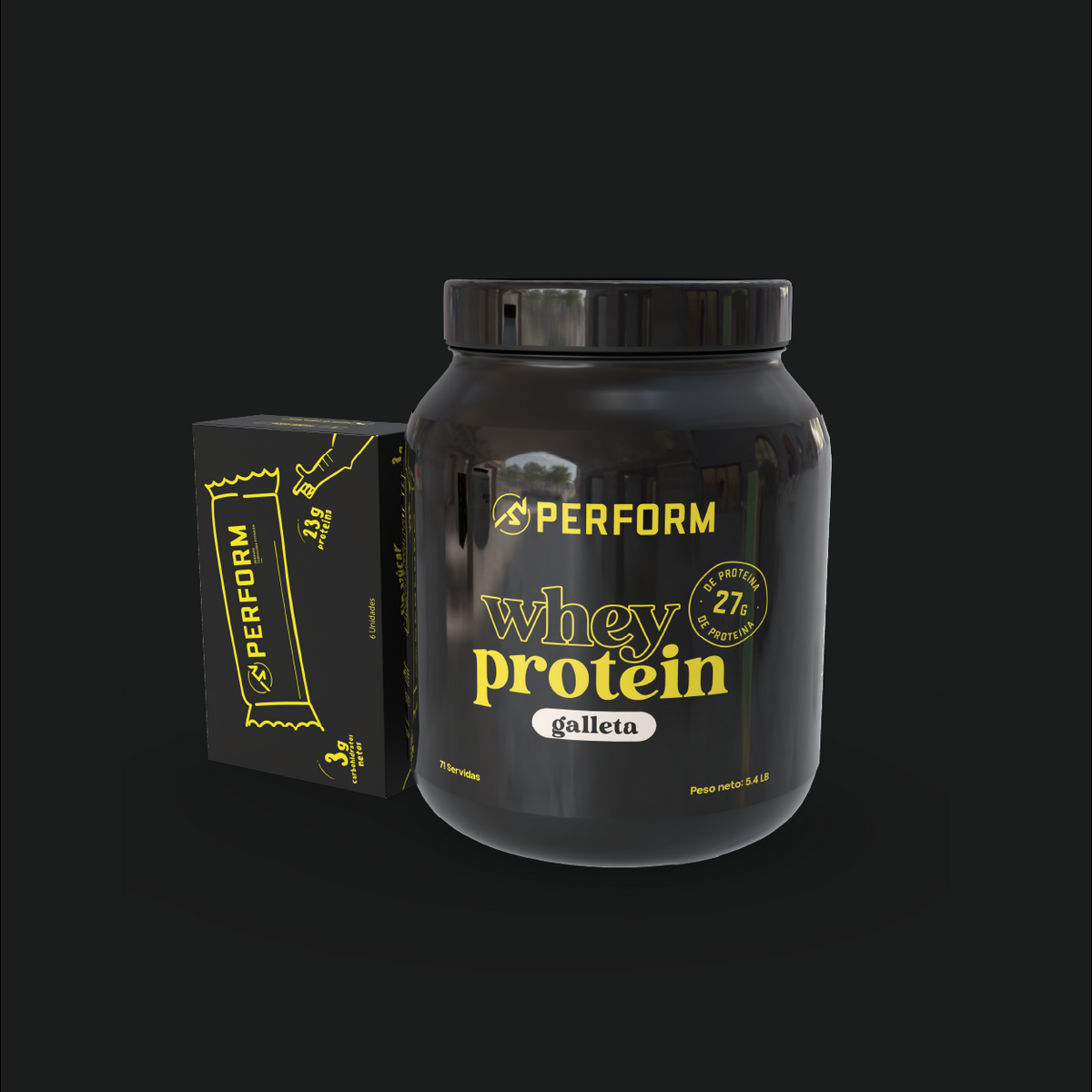 Mega Protein Combo PERFORM CR con proteína en polvo sabor galleta y caja de barritas de proteína