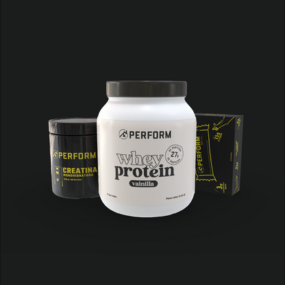 Los Favoritos de PERFORM CR con proteína en polvo sabor vainilla, barritas de proteína y creatina monohidratada