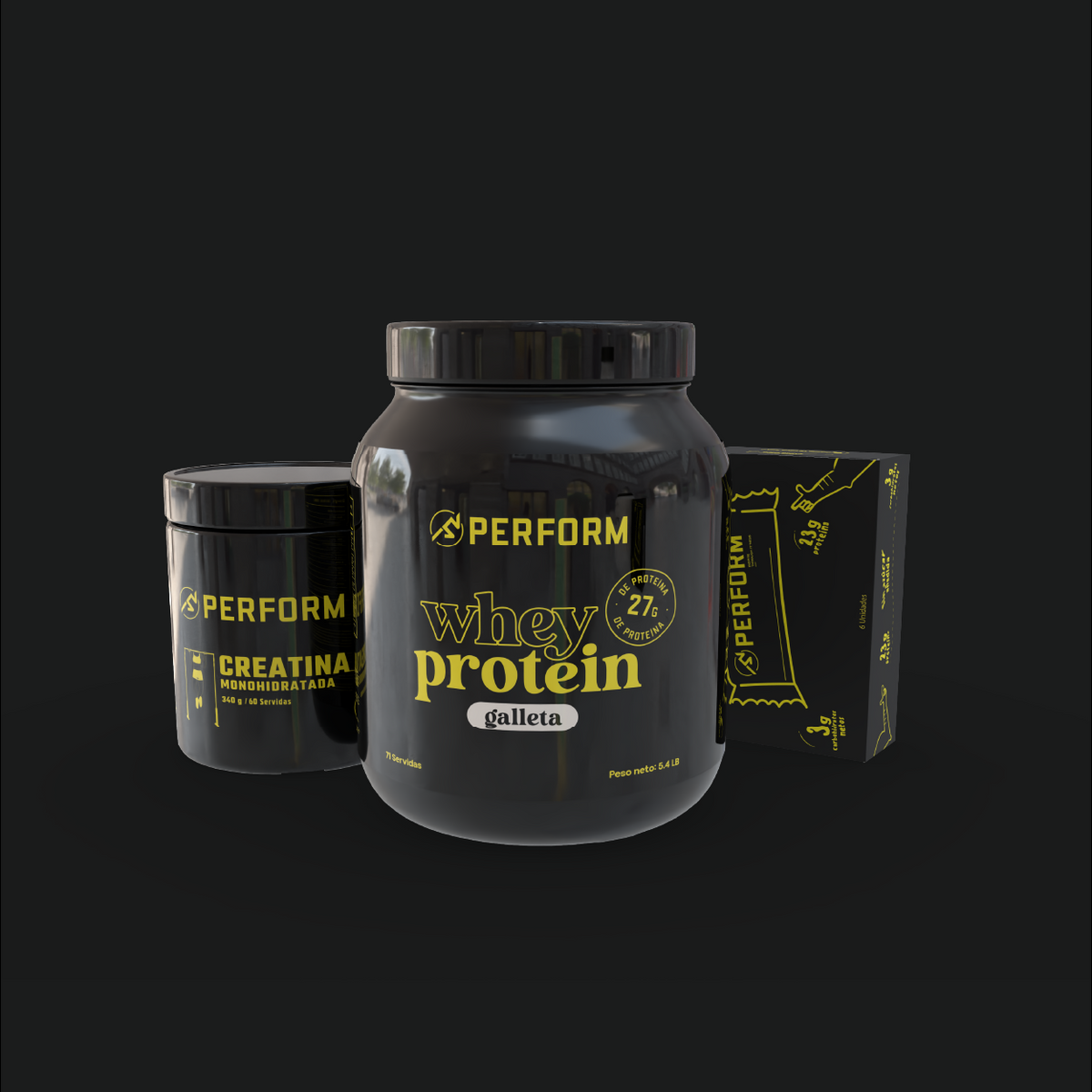 Los Favoritos de PERFORM CR con proteína en polvo sabor galleta, barritas de proteína y creatina monohidratada