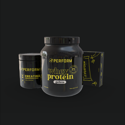 Los Favoritos de PERFORM CR con proteína en polvo sabor galleta, barritas de proteína y creatina monohidratada