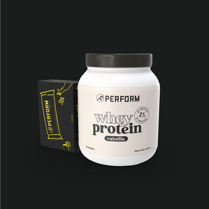 Mega Protein Combo PERFORM CR con proteína en polvo sabor vainilla y caja de barritas de proteína